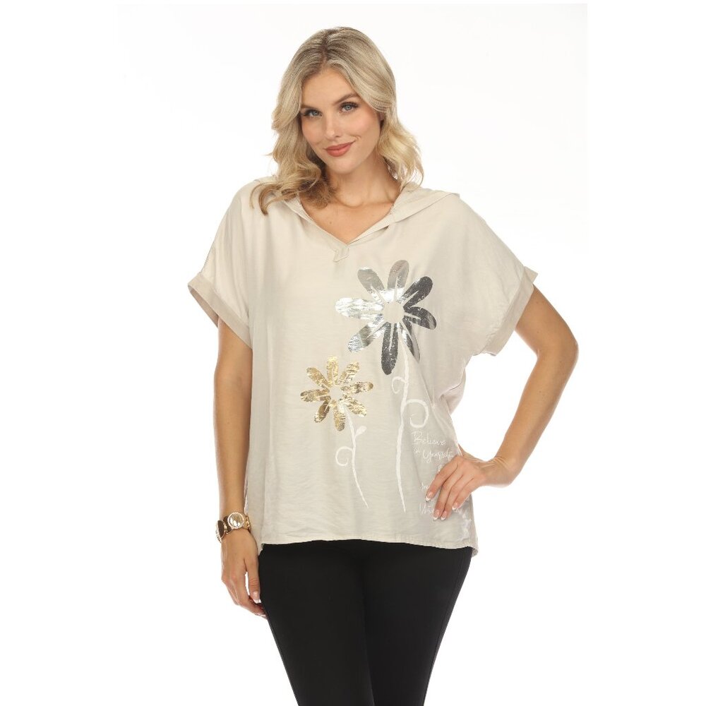 White Floral silver gold Print Hooded Top